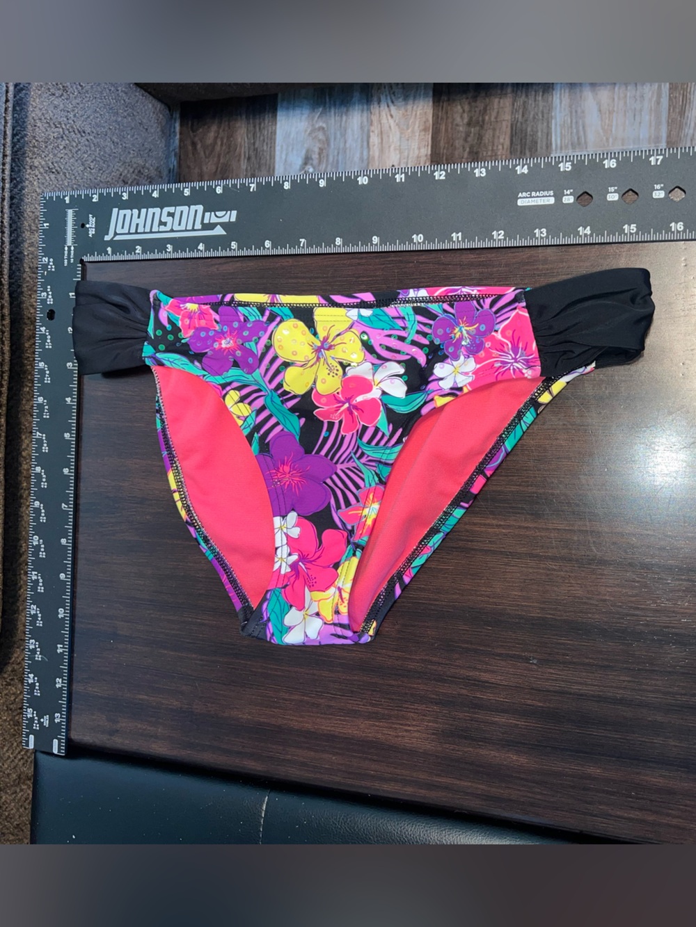 Arizona Jean Company Pink Tropical Print Bikini Bottoms with Black Trim